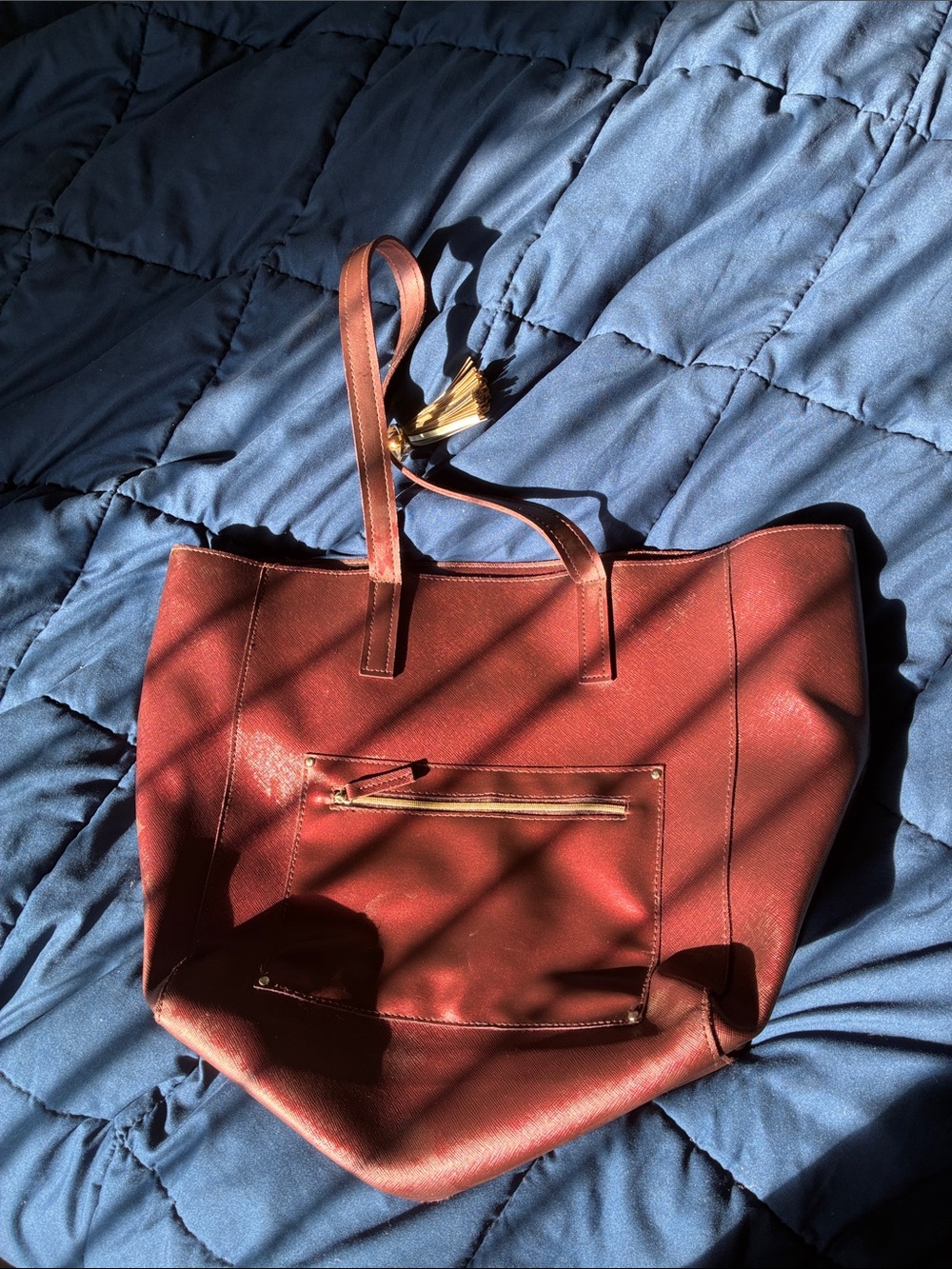 Women's Dark Cherry/burgundy Tote Bag with Front Zip Pocket